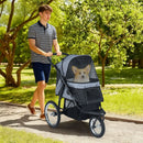 3-wheel pet stroller for small to medium dogs in grey, featuring breathable mesh and all-terrain inflatable wheels.