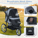 3-wheel pet stroller in grey with breathable mesh sides, skylight, and zippered doors for small to medium dogs.