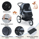 3-wheel pet stroller in grey with breathable mesh, inflatable rubber wheels, and adjustable canopy for outdoor comfort.