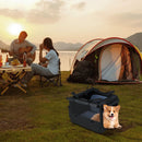 Folding soft dog crate with extendable mesh basket, ideal for camping and travel, featuring multiple openings for easy.