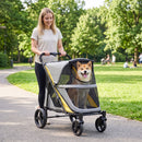 Heavy-duty yellow dog stroller for large and medium dogs, featuring 2 doors, one-step brake, and spacious cabin for comfort.