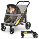 Heavy-duty yellow dog stroller for large and medium dogs, featuring 100 kg capacity, two doors, and one-step brake.