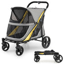 Heavy-duty yellow dog stroller for large and medium dogs features a spacious cabin, 100 kg capacity, and one-step brake.
