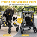 Heavy-duty dog stroller with front and rear zippered doors, low 24.5 cm height, and 100 kg capacity for easy access.
