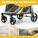 Heavy-duty dog stroller with 27 cm rear wheels and 360° swivel front wheels for smooth travel on various surfaces.