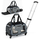 Rolling pet carrier in grey with wheels, padded handle, and mesh windows for comfort and visibility during travel.