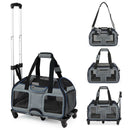 Rolling pet carrier with wheels, padded handle, and mesh windows for comfort and visibility during travel.