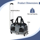 Product dimensions chart for the rolling pet carrier highlights its adjustable handle, wheel size, and maximum load capacity.