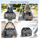 Rolling pet carrier in grey with wheels, padded handle, and breathable mesh for comfortable travel with pets.