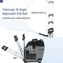 Telescopic and angle-adjustable pull rod on the grey rolling pet carrier enhances maneuverability for outdoor travel.