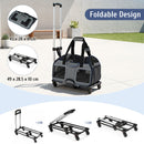 Rolling pet carrier with wheels, padded handle, and breathable mesh for comfort and visibility during travel.