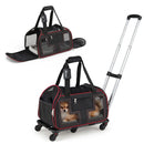 Rolling pet carrier showcasing a retractable handle, smooth wheels, and a cozy padded cushion for pet comfort during travel.