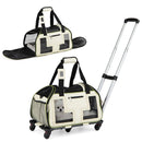 Breathable mesh windows and a telescopic handle enhance the beige rolling pet carrier's comfort and maneuverability for travel.