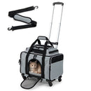 Foldable pet carrier in grey with wheels offers a spacious interior and multiple openings for easy access and comfort.