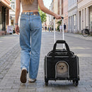Foldable black pet carrier with wheels and telescopic handle, ideal for travel with your dog or cat around town.