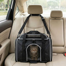 Foldable black pet carrier with wheels and telescopic handle, designed for comfortable travel with pets in cars or airports.