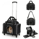 Foldable black pet carrier with wheels and telescopic handle, designed for comfort and convenience during travel.