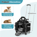 Foldable black pet carrier with wheels and adjustable telescopic handle, suitable for small dogs and cats for travel.