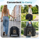Foldable black pet carrier with wheels and telescopic handle, ideal for travel to the airport or vet with your pet.