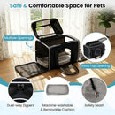 Foldable black pet carrier with wheels features multiple openings, a telescopic handle, and a removable cushion for comfort.