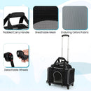 Foldable pet carrier with wheels in black features a telescopic handle, breathable mesh, and detachable wheels for easy travel.