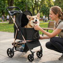 Pet stroller with detachable carrier in black, featuring breathable mesh windows and smooth-rolling wheels for easy mobility.