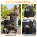 3-in-1 pet stroller in black with detachable carrier, breathable mesh windows, and smooth-rolling wheels for easy mobility.