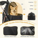 Pet stroller with detachable carrier in black, featuring breathable mesh windows and a 180° adjustable canopy for airflow.