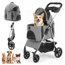 Pet stroller in grey with detachable carrier, breathable mesh windows, and smooth-rolling wheels for convenient travel.