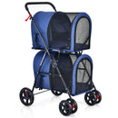 Double-layer 4-in-1 pet stroller in navy with detachable carriers, ideal for travel and outdoor adventures.