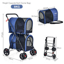 4-in-1 double pet stroller in navy with detachable carriers, designed for easy transport and outdoor adventures.