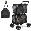 4-in-1 double pet stroller in black with detachable carriers, ideal for travel and outdoor adventures with pets.