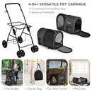 4-in-1 double pet stroller in black with detachable carriers, ideal for travel, vet visits, and outdoor adventures.