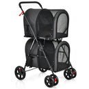 4-in-1 double pet stroller in black with detachable carriers, designed for safe and convenient pet travel and outings.