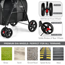 4-in-1 double pet stroller in black with detachable carriers, featuring EVA wheels for all terrains and safety brakes.