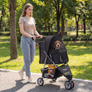3-wheel black pet stroller for small dogs and cats, featuring a panoramic mesh canopy and smooth-rolling wheels for.