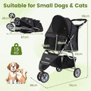 3-wheel black pet stroller for small dogs and cats up to 15 kg, featuring a foldable design and panoramic mesh windows.