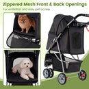 3-wheel pet stroller in black with zippered mesh openings for easy access and ventilation for small dogs and cats.
