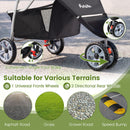 3-wheel pet stroller with universal front wheel and directional rear wheels, ideal for various terrains like asphalt.
