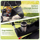 Bottom storage basket and cup holders of a foldable 3-wheel pet stroller for small dogs and cats, ideal for outings.