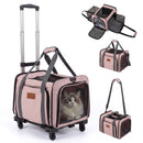 Rolling cat carrier in pink with telescopic handle, expandable sides, and dual mesh windows for comfortable travel.