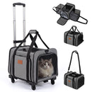 Rolling cat carrier in grey with expandable sides, dual mesh windows, and smooth-rolling wheels for comfortable travel.
