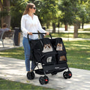 Double pet stroller in black with two cats, featuring adjustable sunshade and breathable windows for outdoor walks.