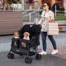 Double pet stroller in black with adjustable sunshade, perfect for walking two small dogs comfortably.