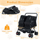 Double pet stroller in black with adjustable sunshade, foldable design, and storage pockets for easy transport.