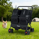 Double pet stroller in black with adjustable sunshade, designed for two small dogs, perfect for outdoor walks.