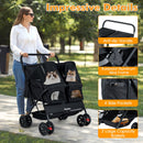 Double pet stroller in black with adjustable sunshade, spacious seats for two pets, and four side pockets for storage.