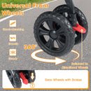 Close-up of the shock-absorbing universal front wheels of the double pet stroller, designed for smooth and steady.