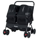 Double pet stroller in black with adjustable sunshade, designed for two small pets, featuring breathable windows and.