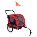 2-in-1 dog bike trailer in red with removable front wheel, breathable mesh windows, and safety flag for visibility.